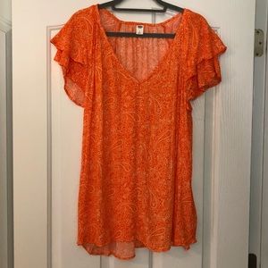 Old Navy Orange and White Paisley Cap Flutter Sleeved Blouse - Size Large